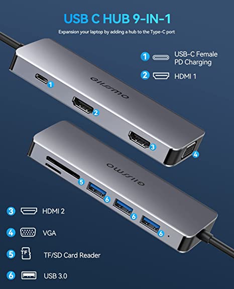 UGREEN USB C Hub Dual HDMI Monitor Adapter, 9-in-1 USB C Docking Station  with Dual 4K@60Hz HDMI, PD Charging, 3 USB, SD/TF Card Reader and RJ45 for